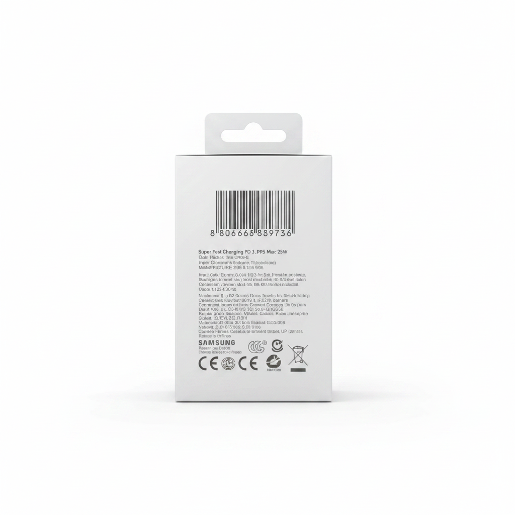 Samsung 25W Power Adapter box back with specifications and barcode