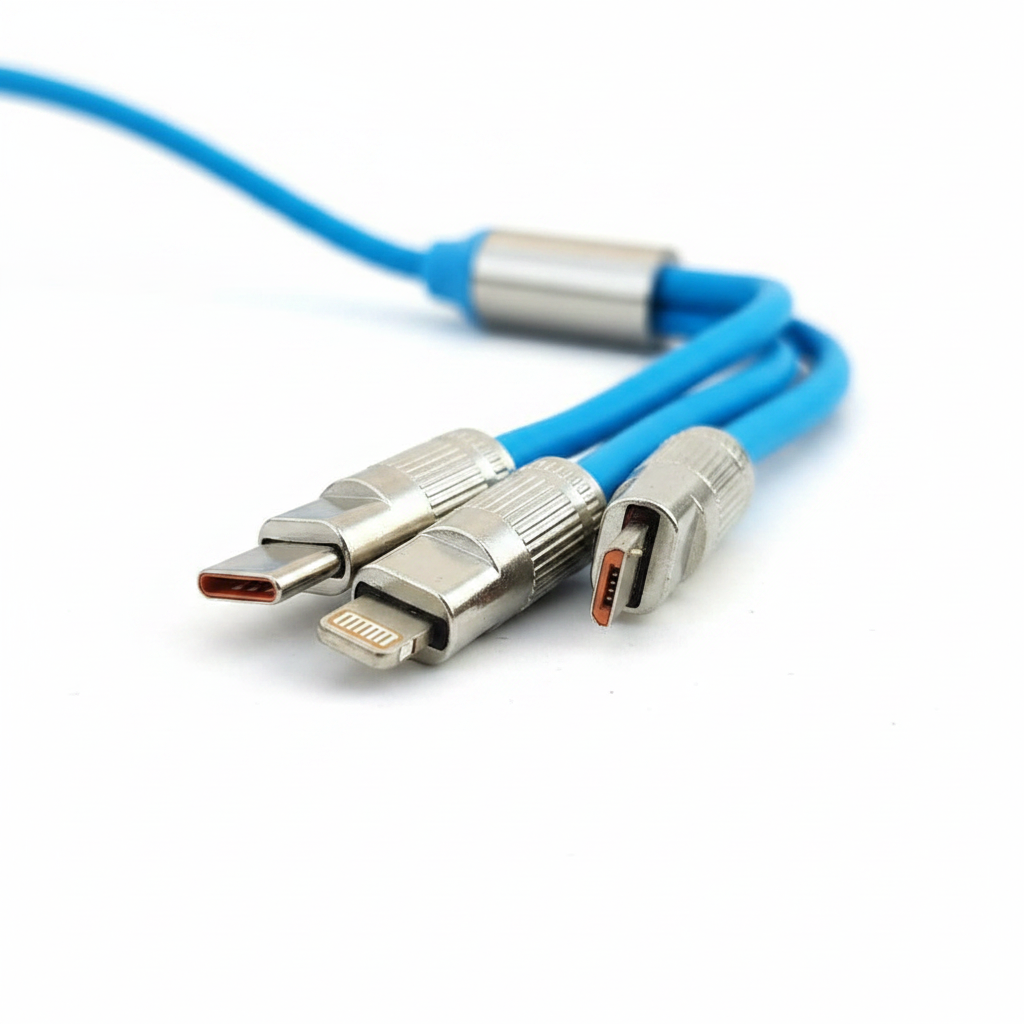 3-in-1 cable close-up of USB-C Lightning Micro USB zinc alloy connectors