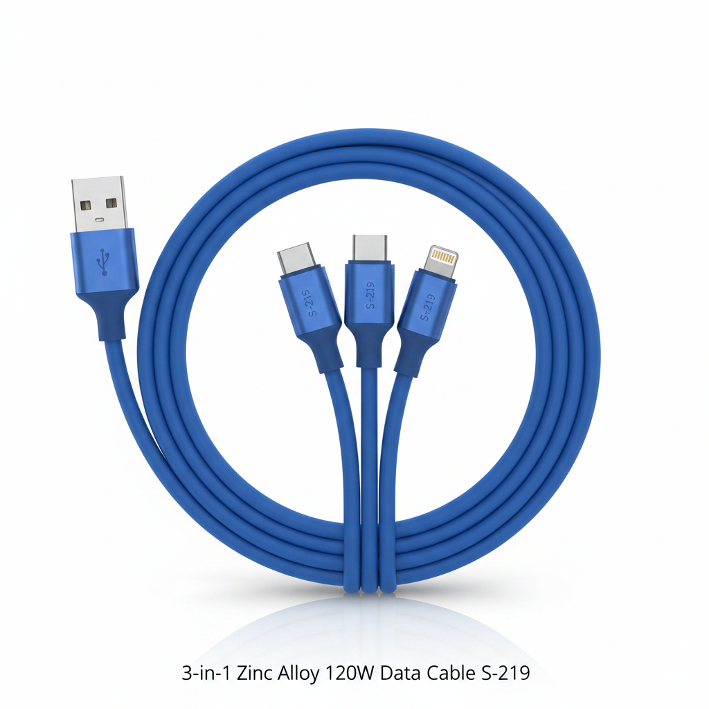3-in-1 Zinc Alloy Data Cable S-219 full length blue cable coiled