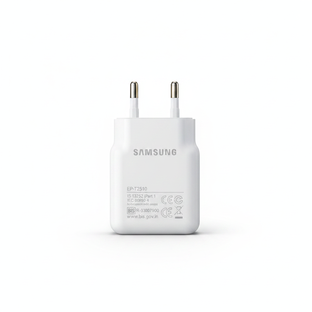 Samsung 25W charger back showing BIS certification and SAMSUNG branding