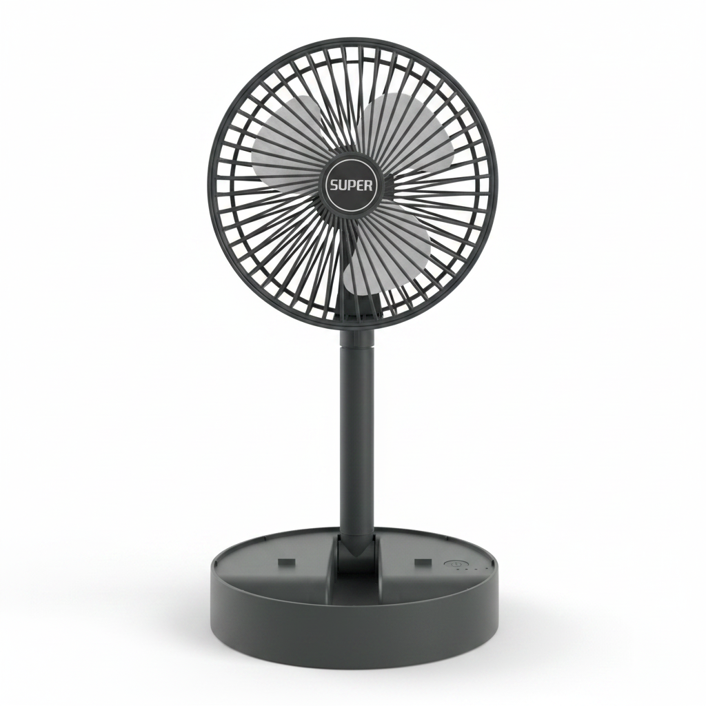 Super Telescopic Folding Fan black standing on base