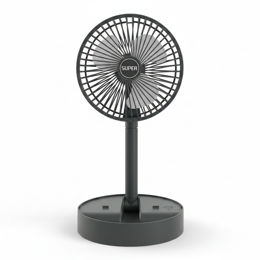 Super Telescopic Folding Fan black standing on base