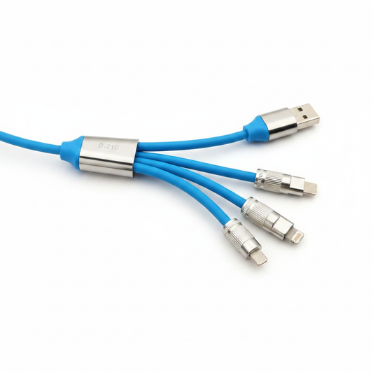 3-in-1 Zinc Alloy Data Cable S-219 blue flat lay showing all 3 connectors