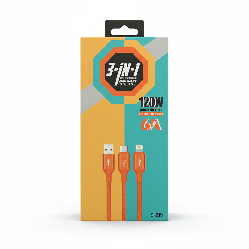 3-in-1 120W Data Cable S-219 box front teal orange packaging